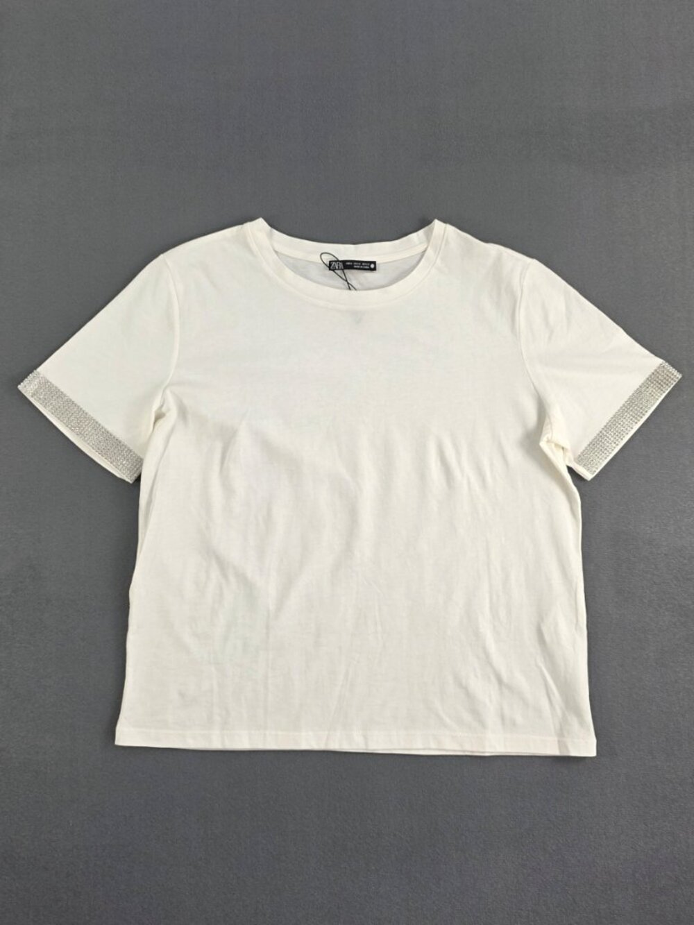Zara Womens M White T-Shirt Rhinestone Crystal Cuffs Short Sleeve